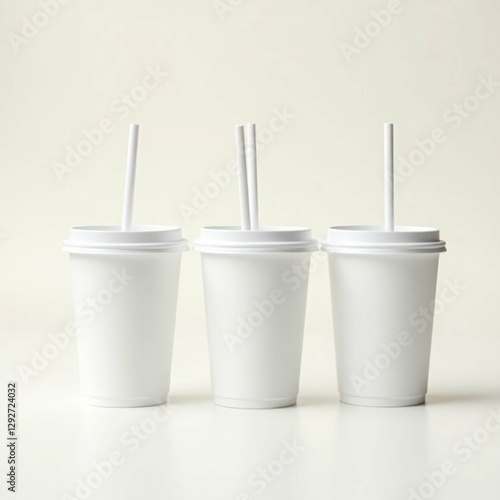 Three white plastic cups with straws is white	