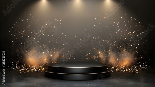 Sleek black pedestal with glowing golden sparkles soft spotlight highlighting the stage glamorous and sophisticated product display concept for showroom event or product launch presentation
