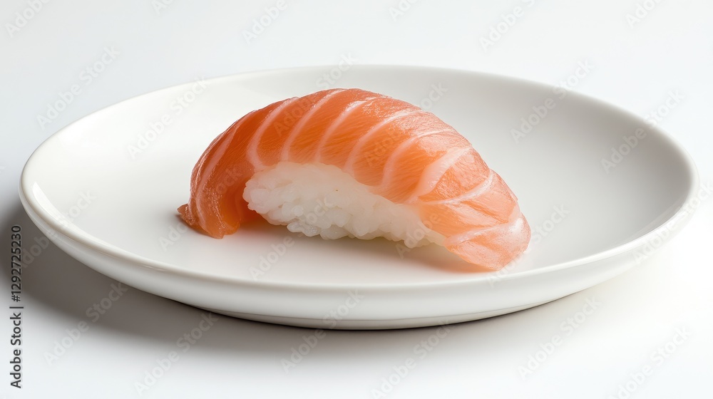 A white porcelain plate with a single piece of sushi, arranged perfectly on a white studio background. A white porcelain plate with a single piece of sushi, arranged perfectly on a white studio background.