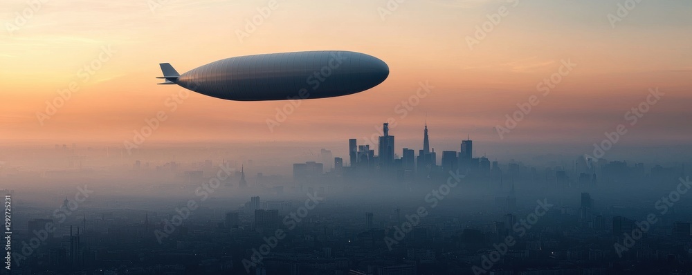 Obraz premium Cargo blimp delivery futuristic metropolis aerial view urban logistics hovering over city