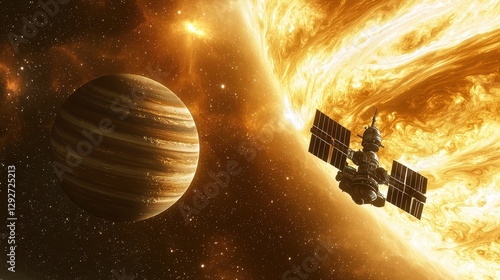 Fototapeta Naklejka Na Ścianę i Meble -  A futuristic space station orbits a massive gas giant absorbing energy from nearby constellations