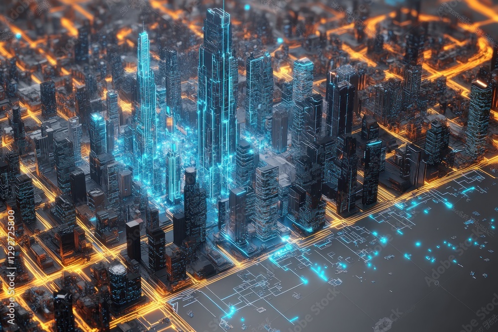 Fototapeta premium Futuristic Cityscape High-Tech Urban Landscape Augmented Reality Digital Architecture