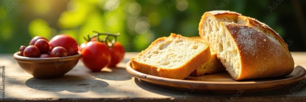 Sun-drenched table, homemade Italian bread & olives , ciabatta, rustic Sun-drenched table, homemade Italian bread & olives , ciabatta, rustic