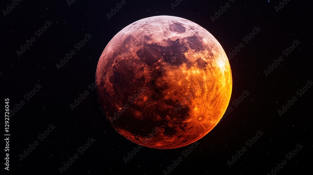 A surreal lunar eclipse turns the moon into a glowing crimson sphere casting eerie shadows on Earth