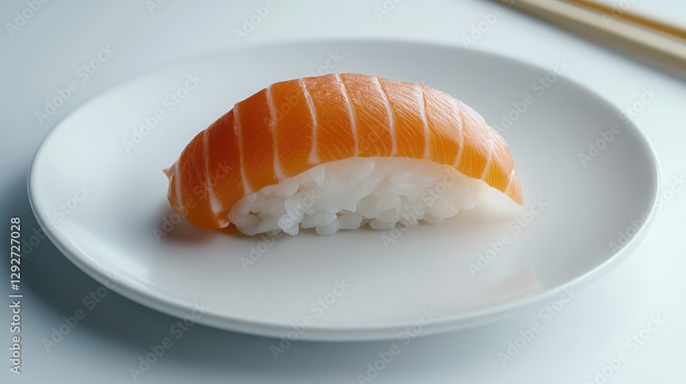 Minimalist arrangement of a white plate with a single piece of sushi, centered against a white surface. Minimalist arrangement of a white plate with a single piece of sushi, centered against a white surface.
