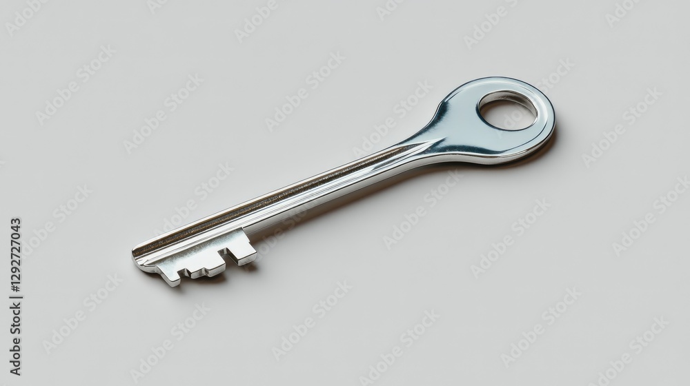 Minimalist close-up of a single silver key on a solid white surface, emphasizing its clean lines and simplicity. Minimalist close-up of a single silver key on a solid white surface, emphasizing its clean lines and simplicity.