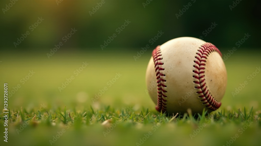 A well-worn baseball rests gently on a vibrant green lawn, bathed in the soft glow of the setting sun, symbolizing the end of a game or the promise of a new beginning A well-worn baseball rests gently on a vibrant green lawn, bathed in the soft glow of the setting sun, symbolizing the end of a game or the promise of a new beginning