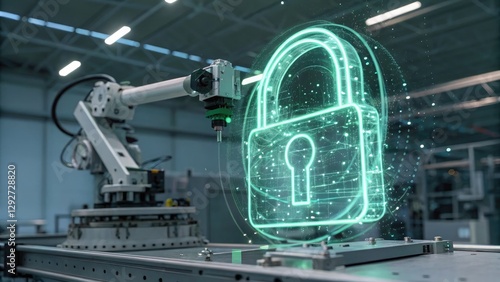 OT security defense. A robotic arm presents a glowing digital padlock symbol, representing cybersecurity and automation in a modern industrial setting.