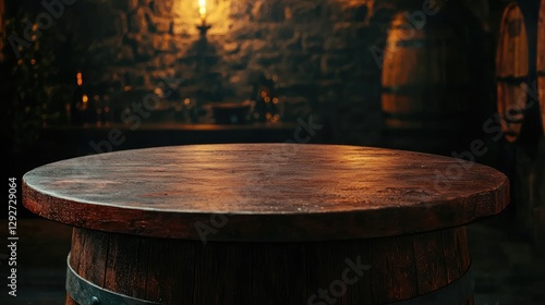 Rustic wine barrel table stands in a dimly lit cellar