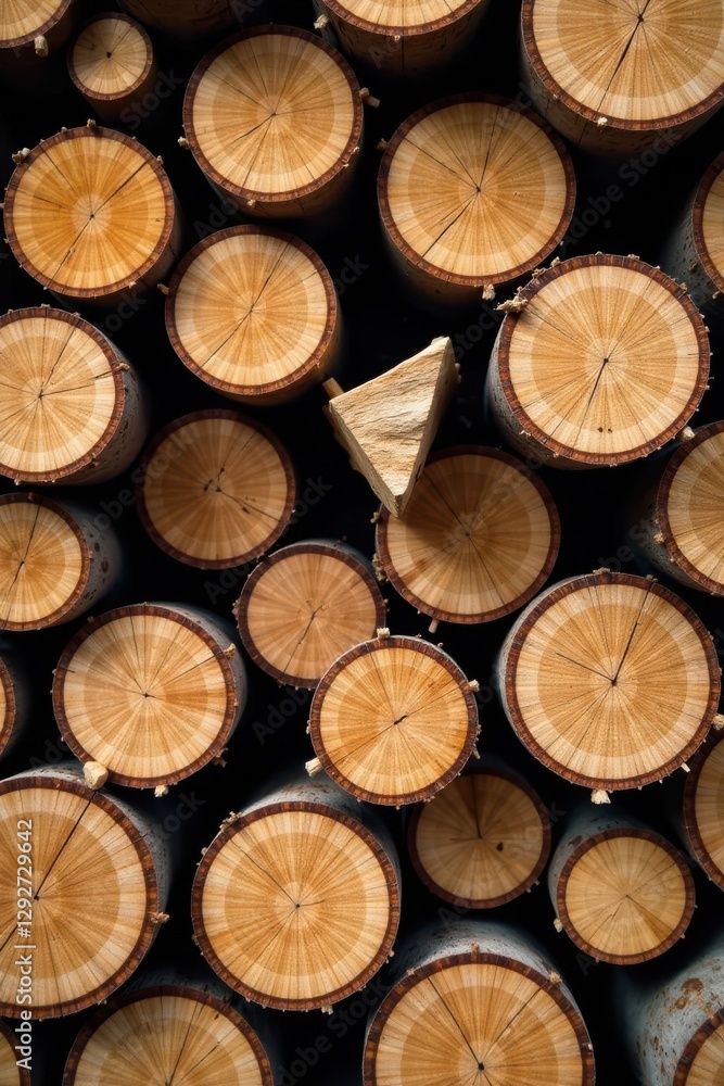 Stack of neatly arranged tree logs, a single triangular piece of wood stands out, showcasing natural wood grain textures and patterns Stack of neatly arranged tree logs, a single triangular piece of wood stands out, showcasing natural wood grain textures and patterns