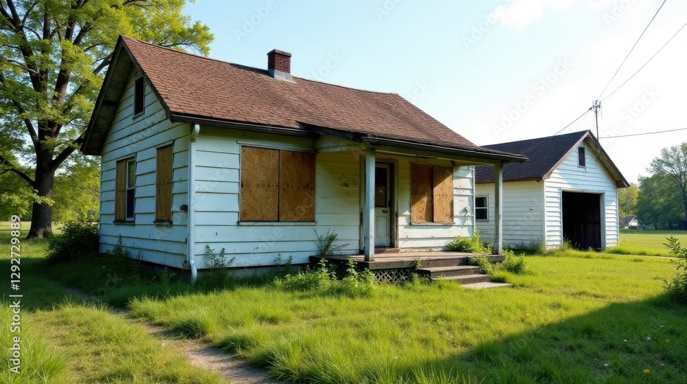A neglected dwelling and attached outbuilding, showing signs of disrepair and abandonment, sit on a grassy lot. A neglected dwelling and attached outbuilding, showing signs of disrepair and abandonment, sit on a grassy lot.