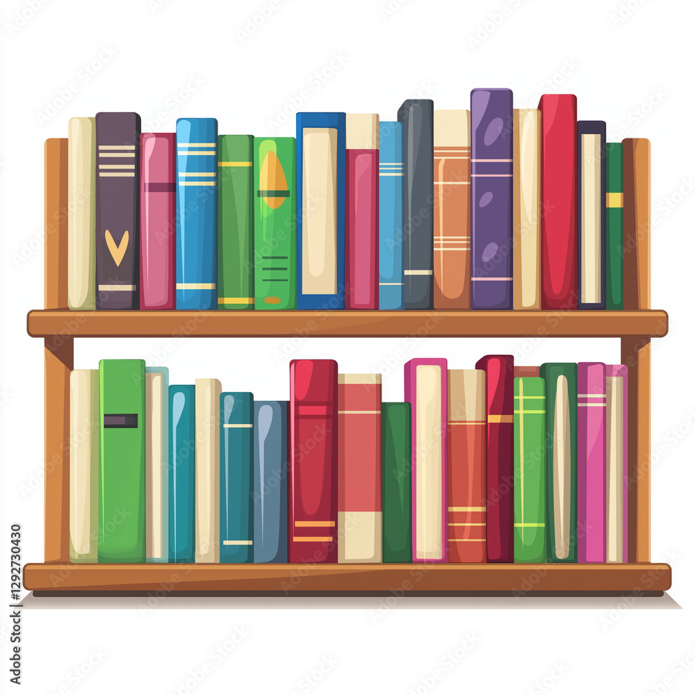 Fototapeta premium Large wooden bookshelf filled with colorful books, organized by size and color, representing a home library or study space