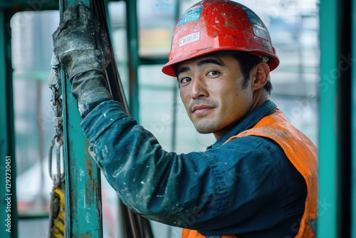 The man rides the cable car with a brush for green oil coating on tank surfaces photo