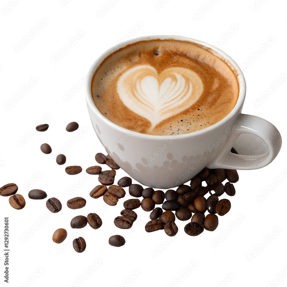 Obraz premium Cup of coffee with heart shape latte with beans Isolated Trasnparent Background, Png Isolated, Trasnparent Background