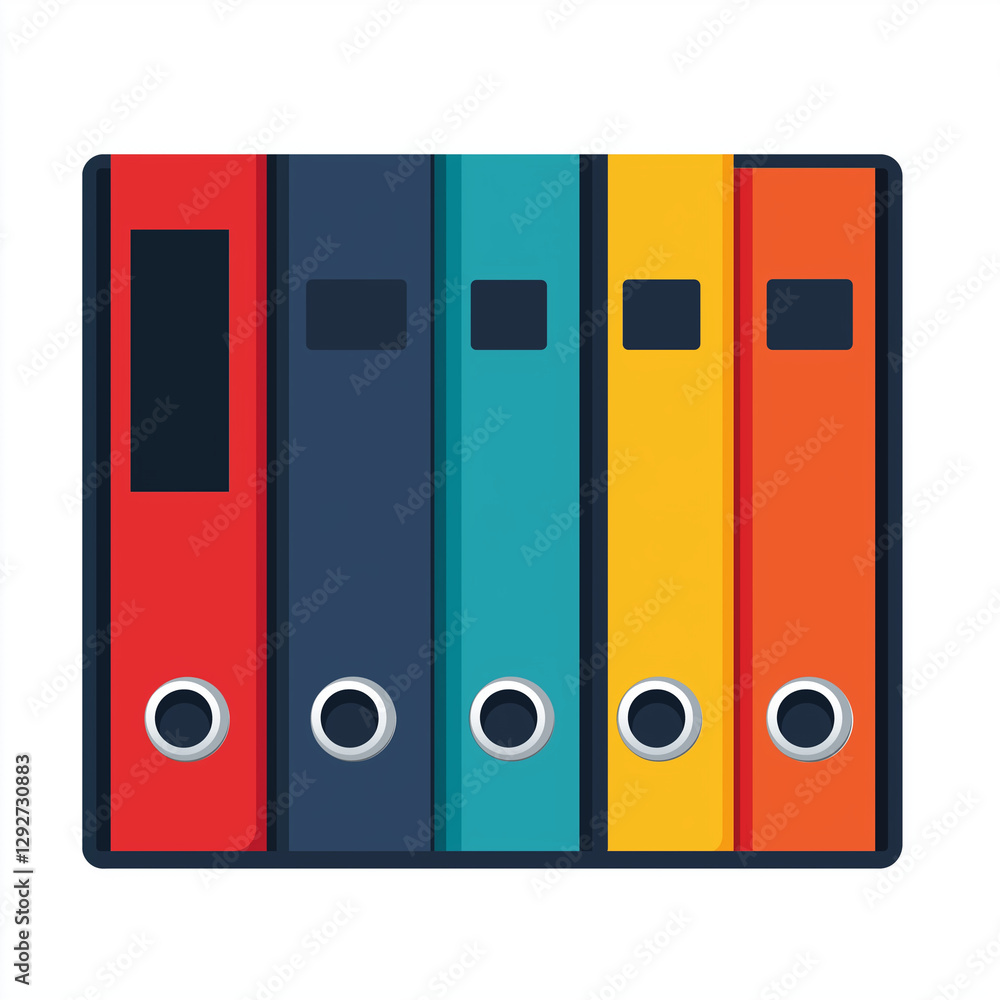 Five colorful office binders in red, blue, yellow, and orange, standing upright, symbolizing document organization and business filing Five colorful office binders in red, blue, yellow, and orange, standing upright, symbolizing document organization and business filing