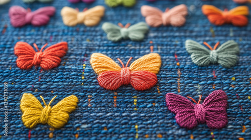  A collection of beautifully embroidered butterflies on denim fabric, displaying rich colors and artistic stitching. photo