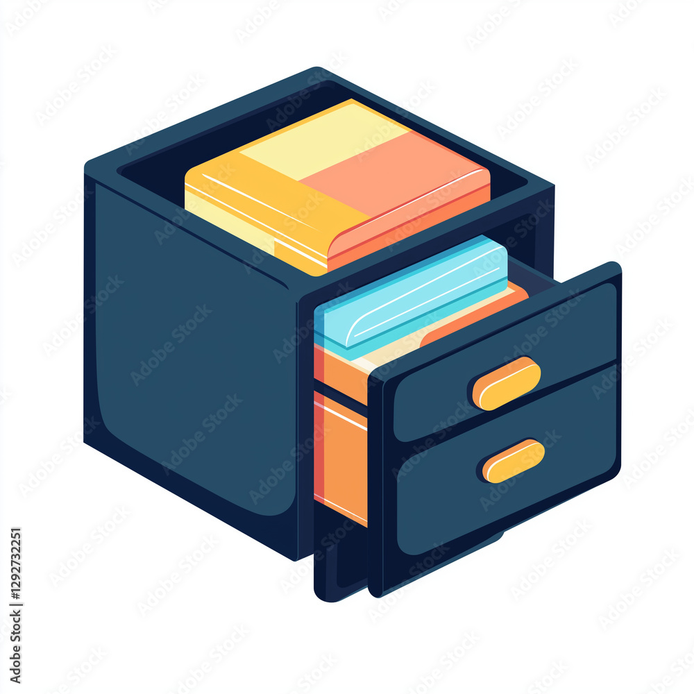 Modern dark blue desk drawer with open compartments holding books, folders, and office documents, emphasizing organized workspace essentials Modern dark blue desk drawer with open compartments holding books, folders, and office documents, emphasizing organized workspace essentials