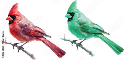 Watercolor Illustration of a Red Cardinal and a Teal Cardinal Perched on Branches