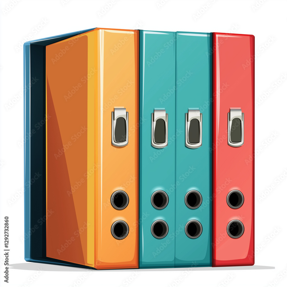 Set of colorful document binders with metal clips, neatly arranged for office organization, paperwork management, and archiving Set of colorful document binders with metal clips, neatly arranged for office organization, paperwork management, and archiving