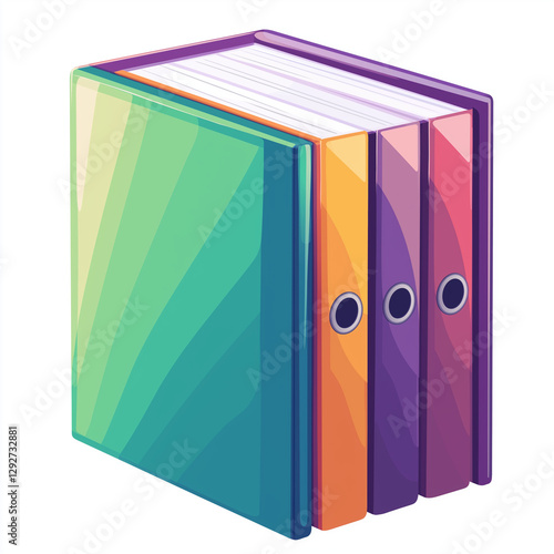 Set of colorful document binders in teal, purple, and orange with metal rings, ideal for office organization, paperwork storage, and filing systems photo