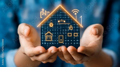 A persons hands cupping a digital smart home graphic