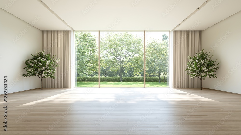Obraz premium Modern interior with garden view, spacious room, peaceful atmosphere, ideal for interior design inspiration