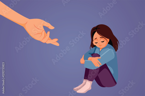 Anxious Girl In Need for a Helping Hand Vector Concept Illustration. Young teenage being vulnerable wanting care and comfort 
