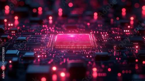 Futuristic cybersecurity & information technology concept – advanced 3d digital network with printed circuit board on blue & red gradient background for integrated connectivity and secure data