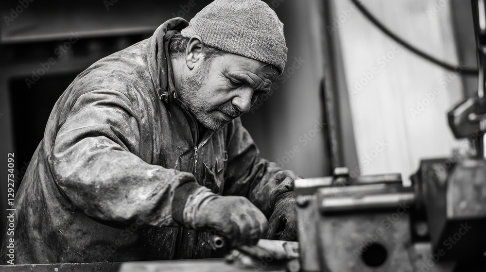 A skilled craftsman deeply focused on intricate work in a well-used workshop. The black-and-white image captures the dedication and precision required in manual labor. A skilled craftsman deeply focused on intricate work in a well-used workshop. The black-and-white image captures the dedication and precision required in manual labor.