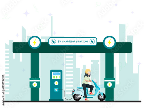 A woman charging his electric motorcycle at futuristic EV charging station. Private electric vehicle, eco friendly vehicle, sustainable transportation, green technology transportation. 