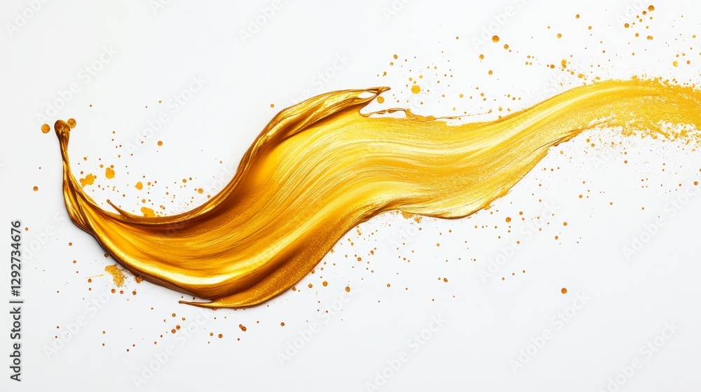 Fototapeta premium Golden paint brush stroke with splatters on a white background, abstract expression. Creative art and design concept