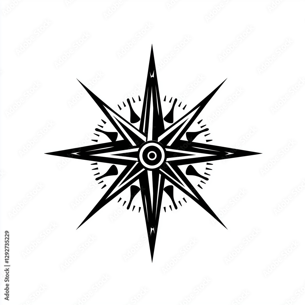 Black and white compass rose illustration, representing navigation, direction, and exploration with a bold, minimalist design Black and white compass rose illustration, representing navigation, direction, and exploration with a bold, minimalist design