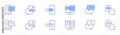 Messaging icon set in two styles, Duotone and Thin Line style. Editable stroke. notice, chat box, image, speech bubble, smartphone, chat