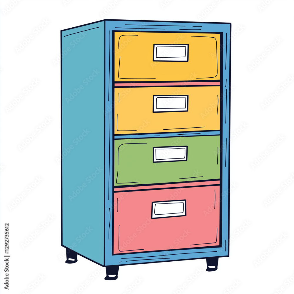 Multicolor office filing cabinet with four drawers in yellow, green, white, and pink, offering vibrant storage for documents and office supplies Multicolor office filing cabinet with four drawers in yellow, green, white, and pink, offering vibrant storage for documents and office supplies