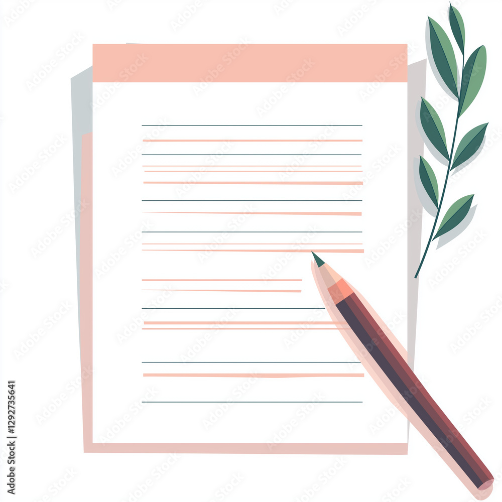 Minimalistic office letterhead with red margins, a pencil, and green leaves, ideal for formal or personal correspondence Minimalistic office letterhead with red margins, a pencil, and green leaves, ideal for formal or personal correspondence
