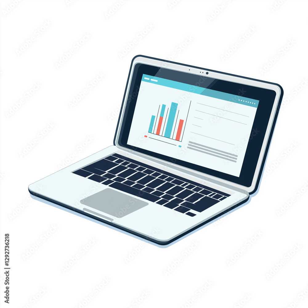 Blue and white laptop showing bar charts and reports, representing business data analysis, presentations, and professional tasks Blue and white laptop showing bar charts and reports, representing business data analysis, presentations, and professional tasks