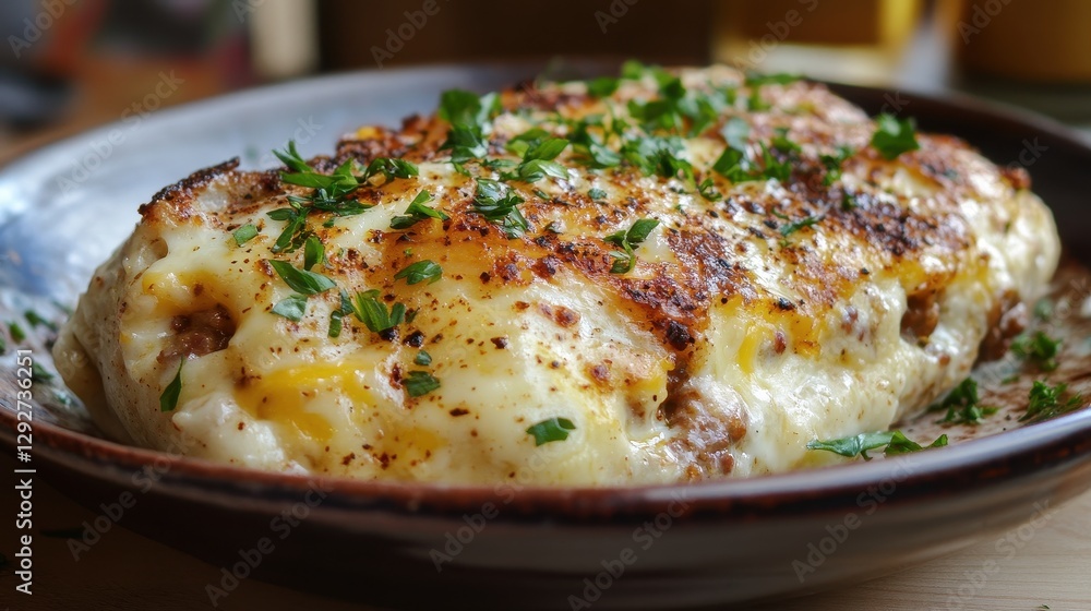 Delectable baked casserole with cheesy topping, herbs. Perfect for restaurant menus, food blogs, or recipe websites. Delectable baked casserole with cheesy topping, herbs. Perfect for restaurant menus, food blogs, or recipe websites.