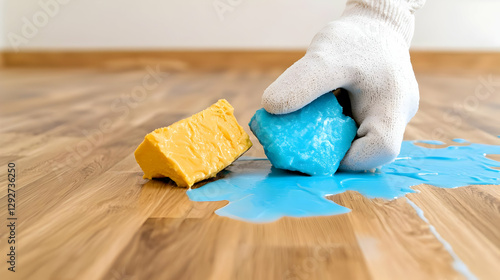 Gloved hand cleaning spilled blue liquid on wood floor