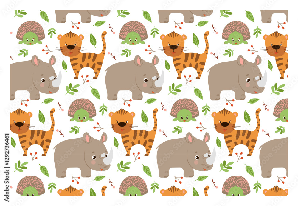 Fototapeta premium Seamless background with animals. Cute vector texture with rhino, tiger and turtle, for baby bedding, fabric, wallpaper, wrapping paper, textile, t-shirt print