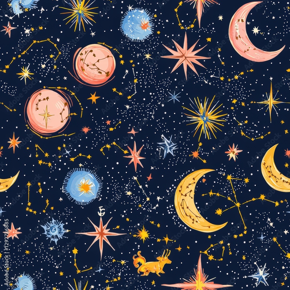 Captivating pattern of stars and moons creating a dreamy celestial landscape for imaginative design Captivating pattern of stars and moons creating a dreamy celestial landscape for imaginative design