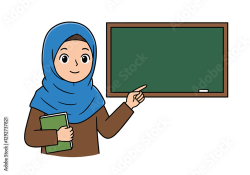 Hijab teacher clipart. A woman in a blue hijab holding a book and pointing at a chalkboard. Vector illustration design.