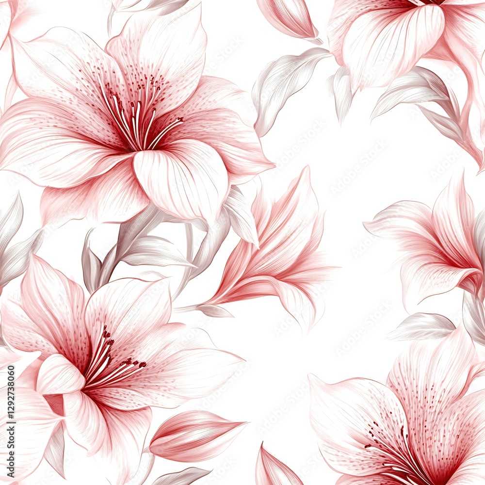 Elegant pink lily flower seamless pattern design botanical illustration red art soft card plant bloom Elegant pink lily flower seamless pattern design botanical illustration red art soft card plant bloom