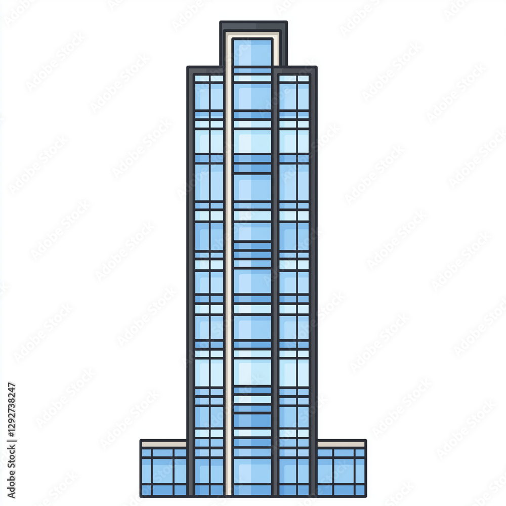 Modern glass skyscraper with blue windows, isolated on white background. Perfect for urban, architecture, and cityscape themes Modern glass skyscraper with blue windows, isolated on white background. Perfect for urban, architecture, and cityscape themes