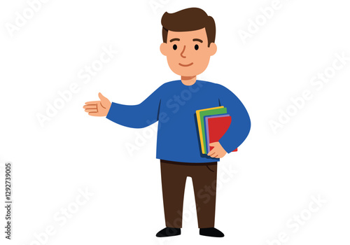 Teacher community helpers clipart. A teacher in a blue shirt holding colorful folders and gesturing with one hand. Vector illustration design.