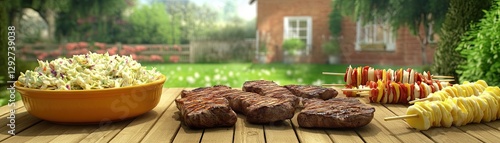 A summer barbecue scene featuring grilled steaks, skewered vegetables, and a side of coleslaw.