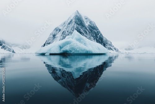 Towering iceberg reflecting on still Arctic waters with misty mountains in the background