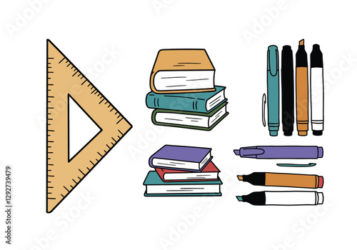 Teacher tools clipart. This image shows various school supplies including a set square, books, pens, and markers. Vector illustration design.