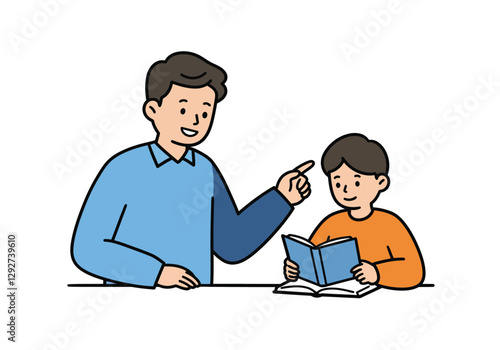 Tutor-clip-art illustration design. A tutor is explaining a concept to a young boy reading a book. Vector illustration design.