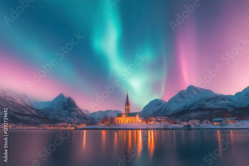 Northern lights above a church in a snowy mountain village reflecting in water