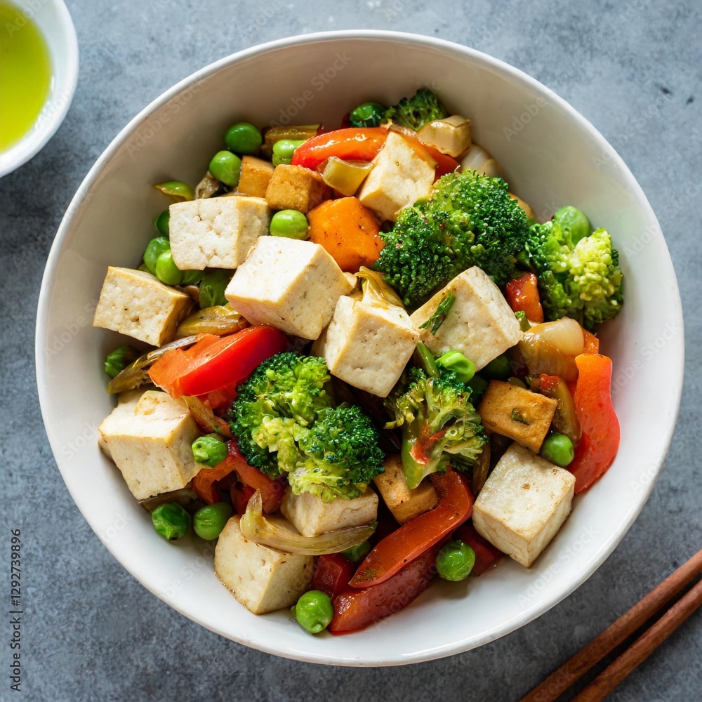 Tofu Stir-Fry with Mixed Vegetables Arranged in a Bowl – Vibrant Colors and Textures, High-Quality Food Photography, Top-Down View Tofu Stir-Fry with Mixed Vegetables Arranged in a Bowl – Vibrant Colors and Textures, High-Quality Food Photography, Top-Down View